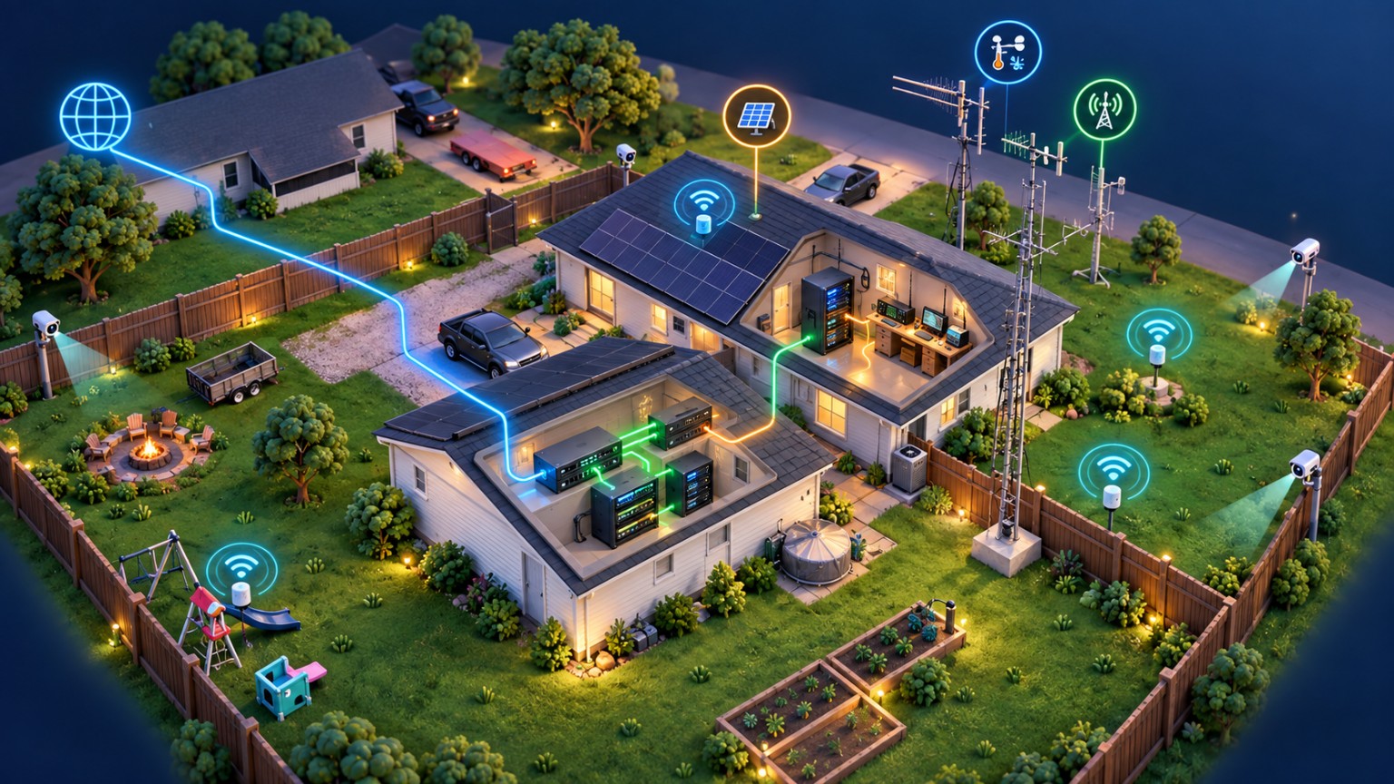 Illustrated night view of the property with live readings
